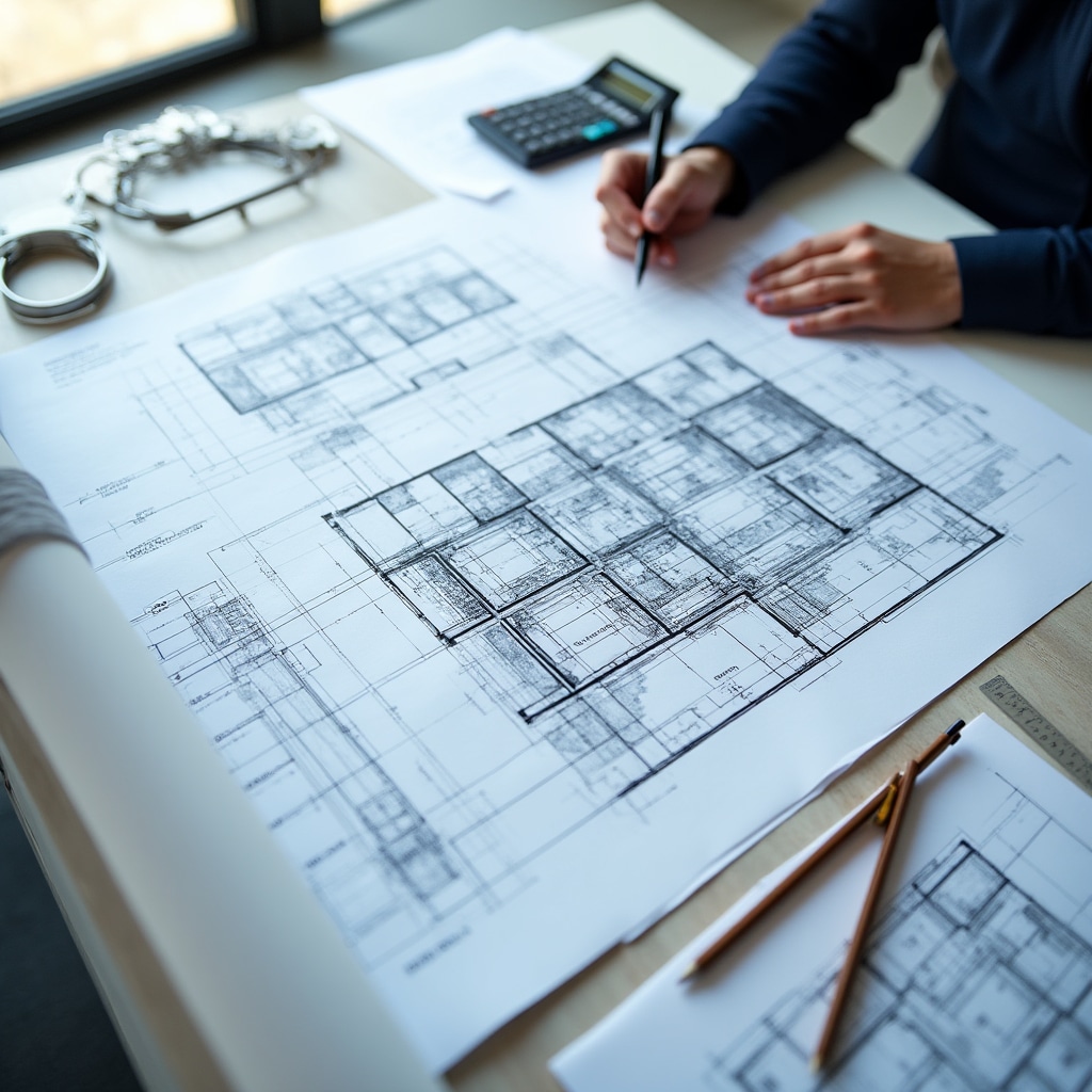 Detailed architectural blueprints and construction plans spread on desk with measuring tools