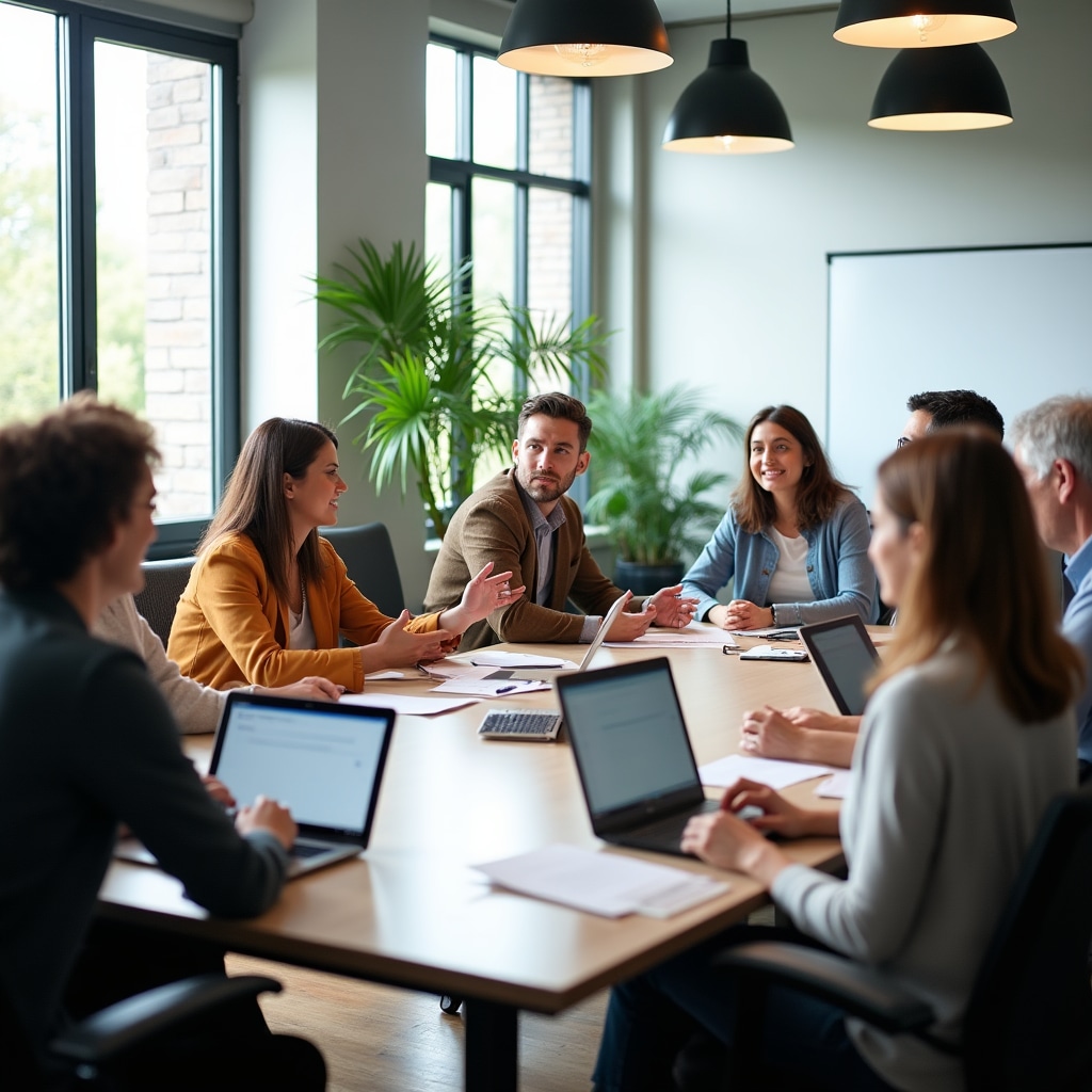 Diverse group of housing cooperative members in engaged discussion during community meeting in bright modern meeting room