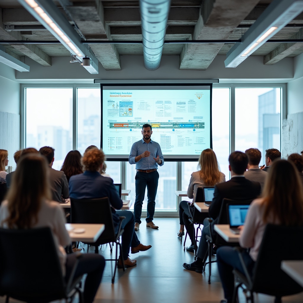 Professional instructor presenting educational content on large screen to attentive audience in contemporary training facility