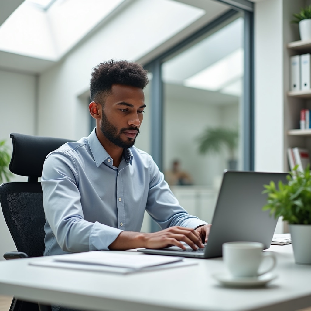 Independent professional consultant working on laptop in modern minimalist office space with natural lighting