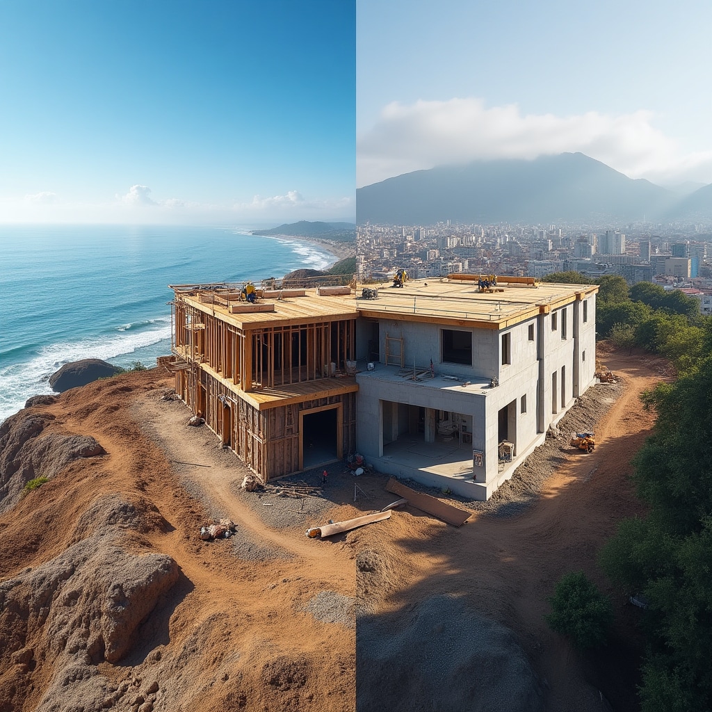 Split view comparison showing different regional construction sites across Chile demonstrating varied terrain and climate conditions affecting building timelines