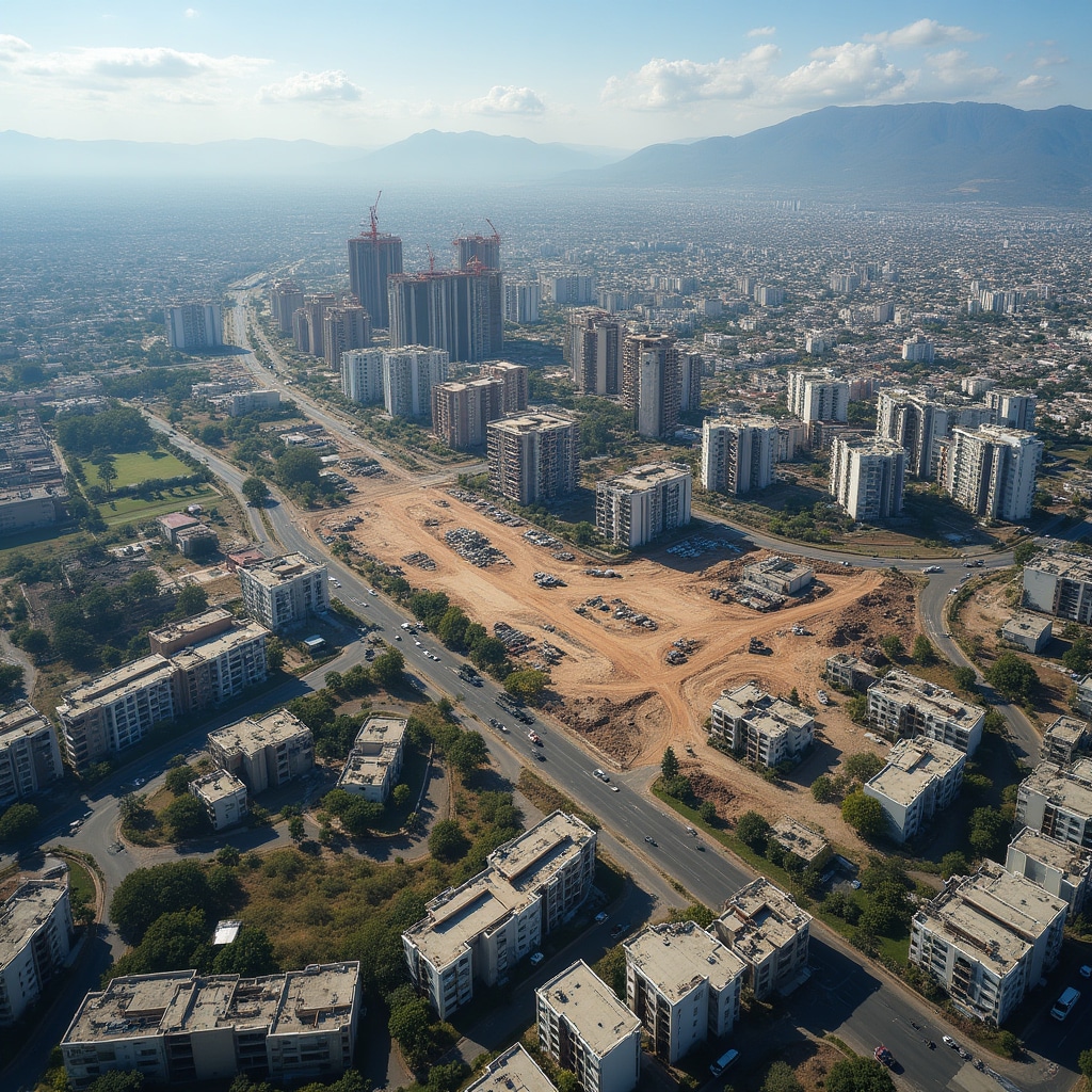 Aerial view of expanding urban development zone with residential construction projects and city planning infrastructure in Chilean metropolitan area